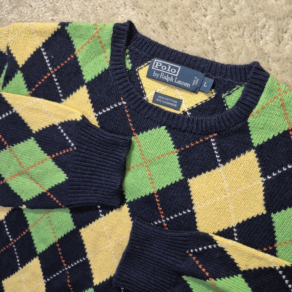 Polo Ralph Lauren Golf Sweater Mens Large Blue Green Argyle Preppy Academia